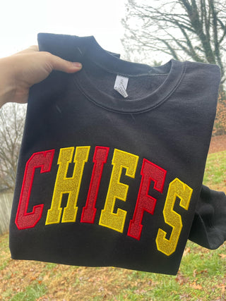 Varsity Two Color Glitter Applique with Name and Icon on Sleeve Embroidered CC Short Sleeve or Sweatshirt, Merch Girls - A Blissfully Beautiful Boutique