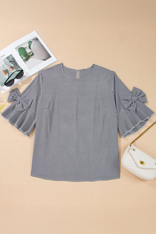 Black Plus Size Plaid Bow Decor Bell Sleeve Round Neck Jumper, Dear-Lover Dropshipping - A Blissfully Beautiful Boutique