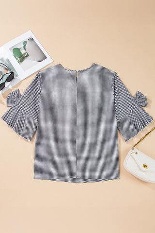 Black Plus Size Plaid Bow Decor Bell Sleeve Round Neck Jumper, Dear-Lover Dropshipping - A Blissfully Beautiful Boutique