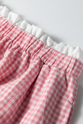 Pink Contrast Trim Plaid Print Plus Size Shorts, Dear-Lover Dropshipping - A Blissfully Beautiful Boutique