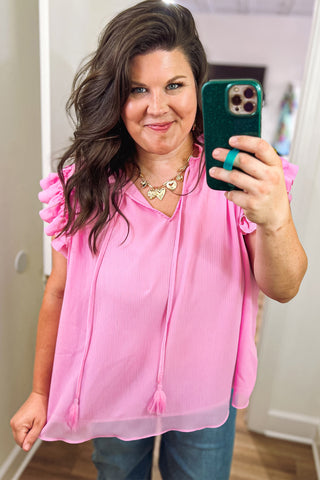 Bonbon Plus Size Textured Tassel Tie V Neck Ruffle Short Sleeve Blouse, Dear-Lover Dropshipping - A Blissfully Beautiful Boutique