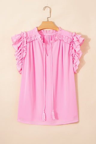 Bonbon Plus Size Textured Tassel Tie V Neck Ruffle Short Sleeve Blouse, Dear-Lover Dropshipping - A Blissfully Beautiful Boutique