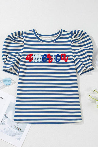 Stripe America Cursive Graphic Puff Sleeve T-shirt, ShopCottonBelles - A Blissfully Beautiful Boutique