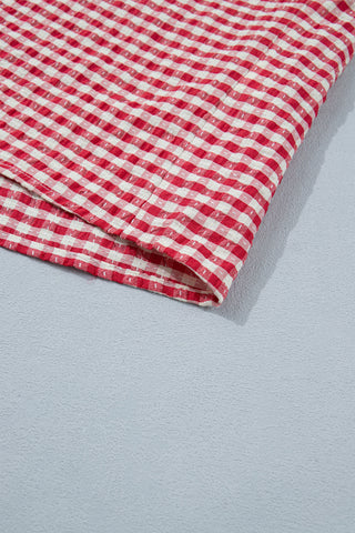 Red Plaid Short Sleeve Colorblock Trim Split Neck Blouse, Dear-Lover Dropshipping - A Blissfully Beautiful Boutique