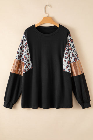 Black Leopard Sequin Patch Plus Size Long Sleeve Top