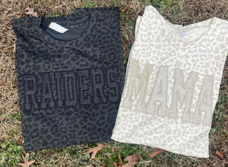 Natural or Black Leopard Custom Mama or Mascot Glitter Applique Embroidered Shirt, Merch Girls - A Blissfully Beautiful Boutique
