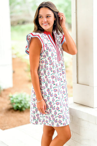 Red Floral Print Contrast Trim Flutter Sleeve Mini Dress, Dear-Lover Dropshipping - A Blissfully Beautiful Boutique