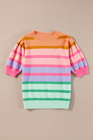 Rose Red Colorful Stripe Bubble Short Sleeve Sweater