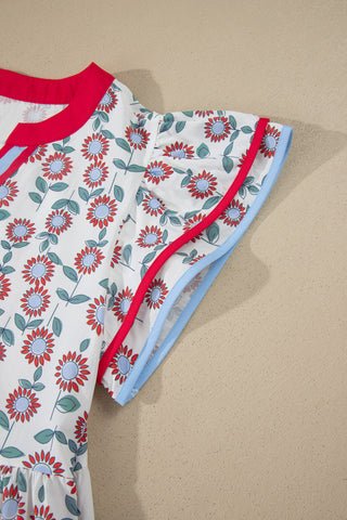 Red Floral Print Contrast Trim Flutter Sleeve Mini Dress, Dear-Lover Dropshipping - A Blissfully Beautiful Boutique