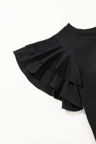 Black Layered Ruffle Short Sleeve Round Neck Top