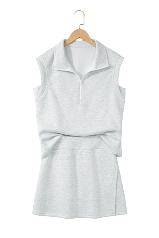 Light Grey Solid Color Sleeveless Zipper Tank and Skort Set
