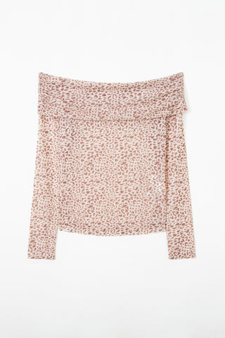Brown Leopard Print Foldover Off Shoulder Long Sleeve Mesh Top