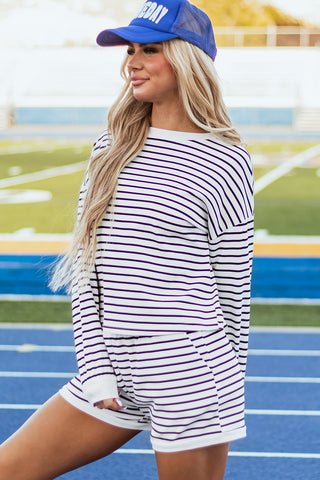 Black Stripe Textured 3/4 Sleeve Top and Shorts Set