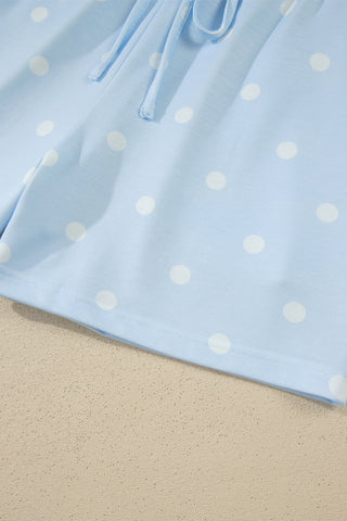 Sky Blue Exposed Seam Detail Polka Dot Loose Tee Drawstring Shorts Set, Dear-Lover Dropshipping - A Blissfully Beautiful Boutique
