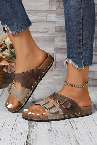 Coffee Leopard Two-tone Retro Buckle Straps Hollowed Faux Suede Slippers, Dear-Lover Dropshipping - A Blissfully Beautiful Boutique