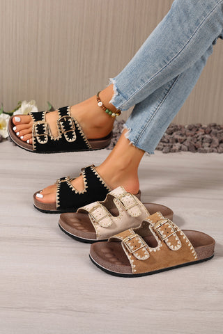 Black Embroidered Trim Retro Buckle Faux Suede Slippers, Dear-Lover Dropshipping - A Blissfully Beautiful Boutique