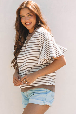 Parchment Contrast Detail Striped Ruffle Short Sleeve Top, A Blissfully Beautiful Boutique - A Blissfully Beautiful Boutique