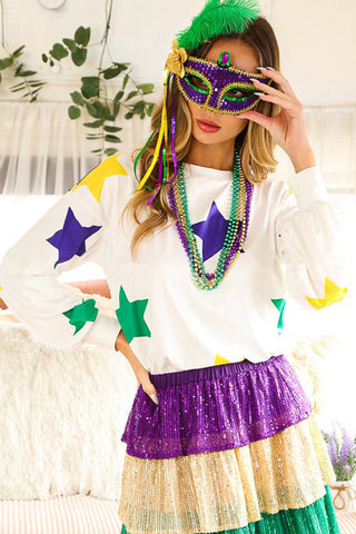 White Mardi Gras Star Printed Long Sleeve Top, Dear-Lover Dropshipping - A Blissfully Beautiful Boutique