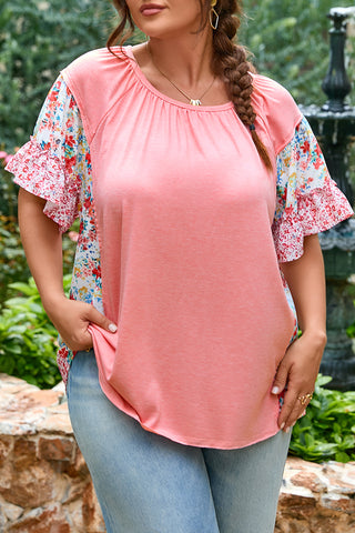 Pink Plus Size Floral Patchwork Ruffled Short Sleeve Blouse, A Blissfully Beautiful Boutique - A Blissfully Beautiful Boutique