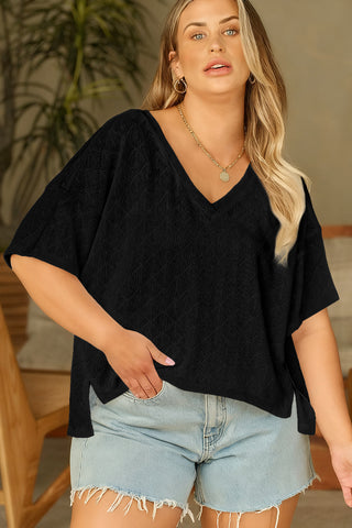 Black Pointelle Rhombus Knit Plus Size V Neck Loose Top, Dear-Lover Dropshipping - A Blissfully Beautiful Boutique