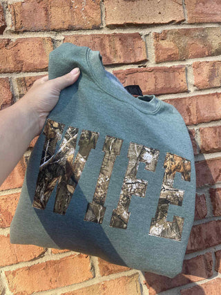 Custom Camo Applique Embroidered Sweatshirt, Merch Girls - A Blissfully Beautiful Boutique