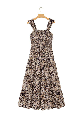 Brown Ruffled Straps Smocked Tiered Leopard Maxi Dress, Dear-Lover Dropshipping - A Blissfully Beautiful Boutique