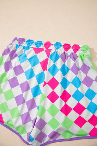 Multicolour Checkered Drawstring Elastic Waist Casual Shorts, A Blissfully Beautiful Boutique - A Blissfully Beautiful Boutique
