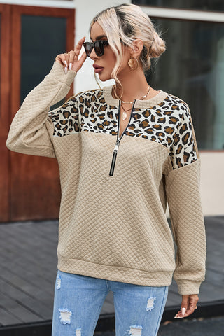 Apricot Leopard Splicing Drop Shoulder Zipped Sweatshirt