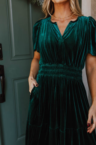 Evergreen Velvet Short Sleeve Shirred Waist Tiered Maxi Dress | A Blissfully Beautiful Boutique Evergreen Velvet Short Sleeve Shirred Waist Tiered Maxi Dress | A Blissfully Beautiful Boutique