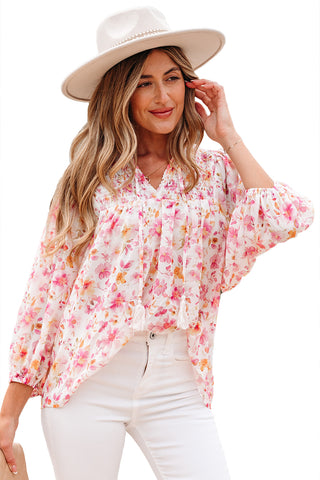 Pink Floral Print Tassel Tie Smocked V Neck Puff Sleeve Tunic Blouse