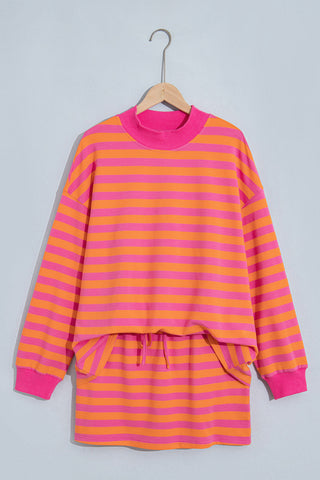 Orange Stripe Color Block Patchwork Mock Neck Pullover Drawstring Mini Skort Set