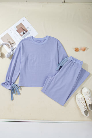 Beau Blue Flounce Long Sleeve Top Drawstring Pants Contrast Velvet Bow Knot 2pcs Lounge Set, Dear-Lover Dropshipping - A Blissfully Beautiful Boutique