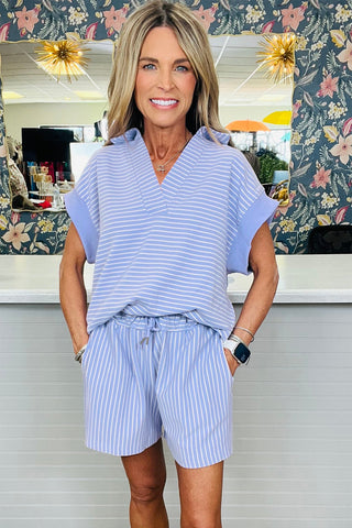 Sky Blue Stripe Dolman Sleeve Polo Shirt and Drawstring Shorts Set, A Blissfully Beautiful Boutique - A Blissfully Beautiful Boutique