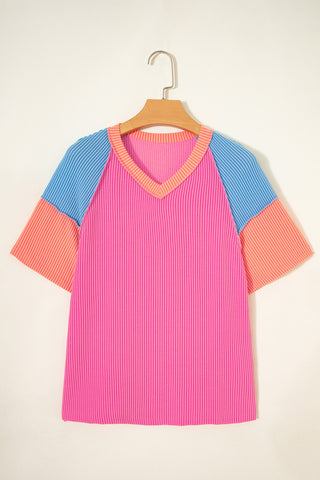 Rose Red Color Block Twisted Ribbed Tee, Dear-Lover Dropshipping - A Blissfully Beautiful Boutique