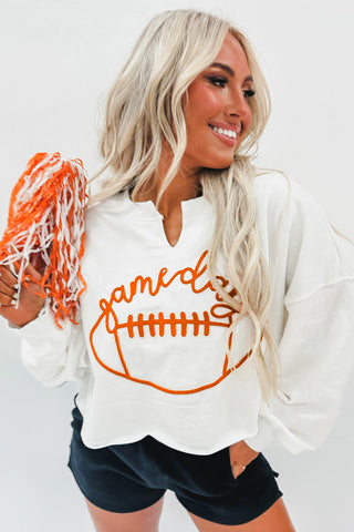 Bright White Game Day Lettering Rugby Notched Neck Sweatshirt