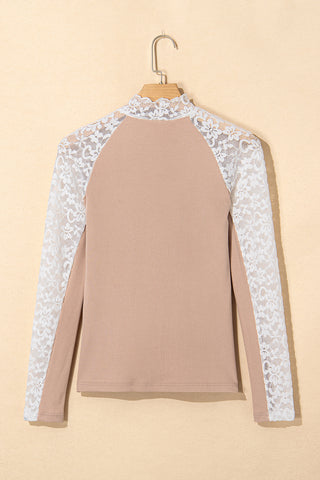 Smoke Gray Floral Lace Patchwork Long Sleeve High Neck Slim Top