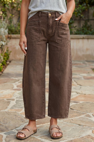 Coffee Solid Color Square Patch Pocket Ankle-length Barrel Jeans, Dear-Lover Dropshipping - A Blissfully Beautiful Boutique
