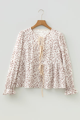 White Bow Tie Front Floral Print Flounce Sleeve Peplum Blouse, Dear-Lover Dropshipping - A Blissfully Beautiful Boutique
