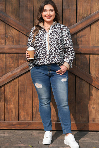 Multicolour Leopard Print Contrast Trim Button Split Neck Plus Long Sleeve Top, Dear-Lover Dropshipping - A Blissfully Beautiful Boutique