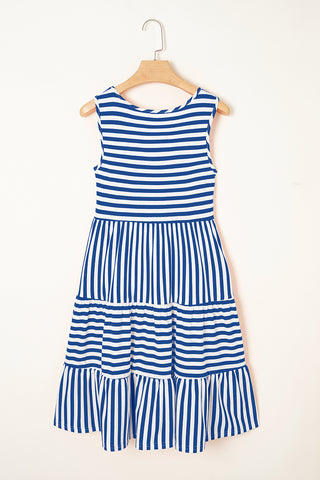 Sky Blue Stripe U Neck Sleeveless Loose Fit Mini Dress