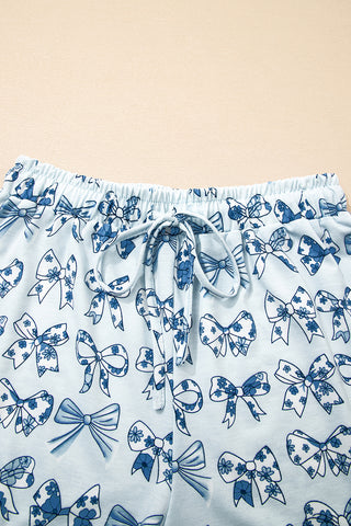 Sky Blue Bow Print Short Pajama Set, Dear-Lover Dropshipping - A Blissfully Beautiful Boutique