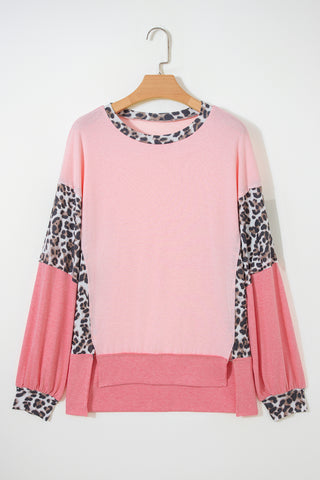 Light Pink Color Block Leopard Patchwork Dolman Sleeve High Low Baggy Sweatshirt