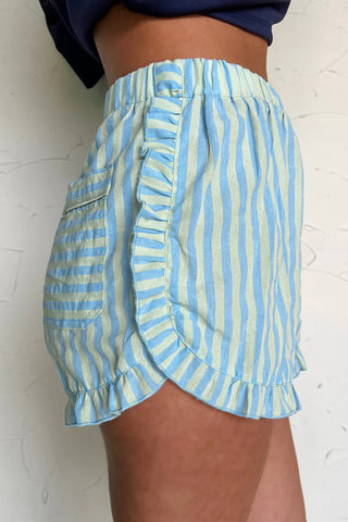 Sky Blue Stripe Elastic Waist Ruffle Trim Casual Shorts, Dear-Lover Dropshipping - A Blissfully Beautiful Boutique