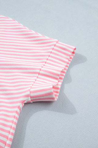 Pink Stripe Cuffed Sleeve Contrast Mock Neck Tee Casual 2pcs Short Set, Dear-Lover Dropshipping - A Blissfully Beautiful Boutique