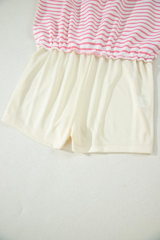 Pink Stripe Color Block Patchwork Polo Tee Drawstring Elastic Waist 2pcs Skort Set, Dear-Lover Dropshipping - A Blissfully Beautiful Boutique