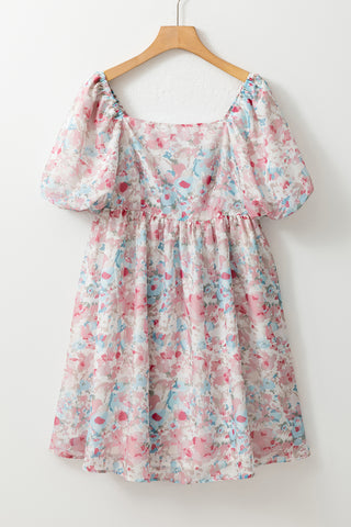 Pink Floral Puff Sleeve Square Neck Smock Ruffled Dress