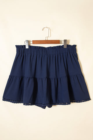 Navy Blue Plus Size Frilled Elastic Waist Lace Trim Boho Ruffled Shorts, Dear-Lover Dropshipping - A Blissfully Beautiful Boutique