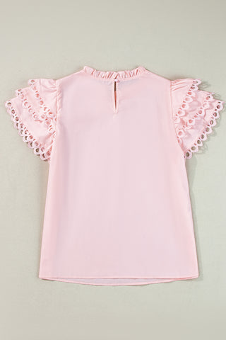 Light Pink Layered Ric Rac Cap Sleeve Frilled Neck Blouse