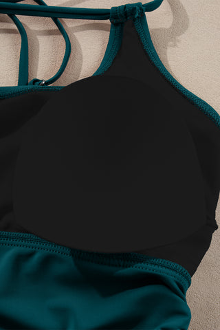 Sea Green Drawstring Tummy Control Mix-and-match 2pcs Tankini Swimsuit