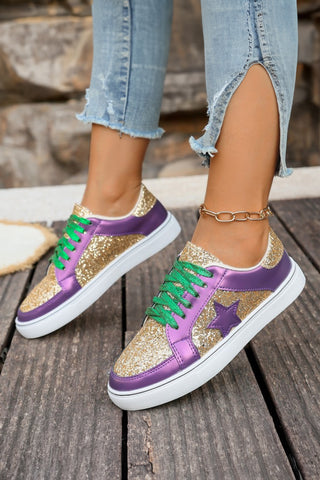 Tillandsia Purple Dearlove Glitter Star Patchwork PU Leather Lace-up Sneakers, Dear-Lover Dropshipping - A Blissfully Beautiful Boutique